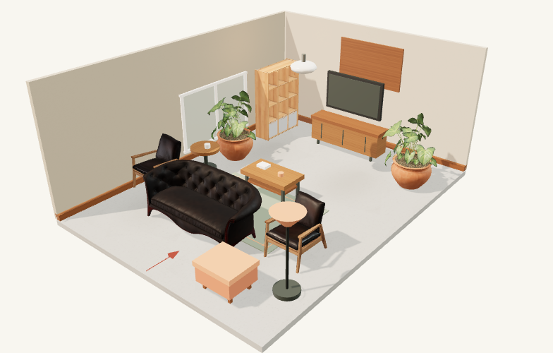 Three-dimensional contemporary living room with sofa, coffee table and media console