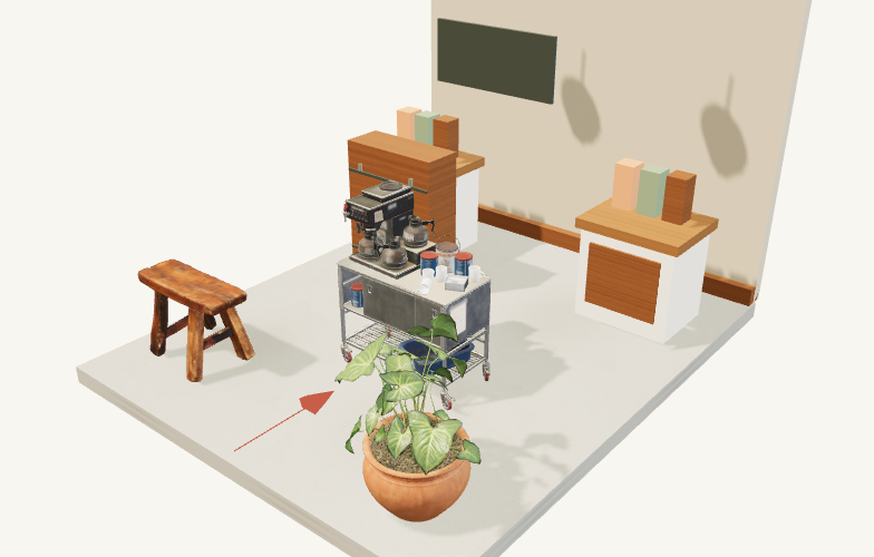 Three-dimensional compact kiosk layout with service counter and product display