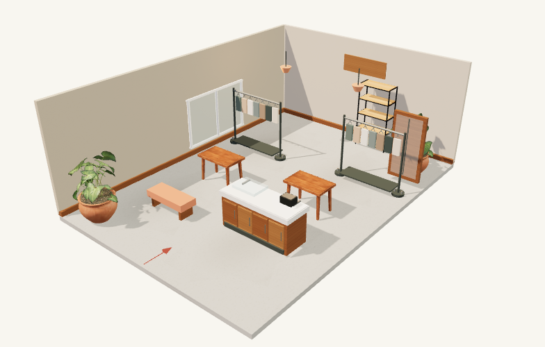 Three-dimensional independent shop layout with a display, clothing rail and checkout
