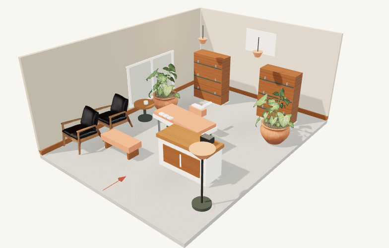 Three-dimensional wellness room with welcome desk, treatment table and linen storage